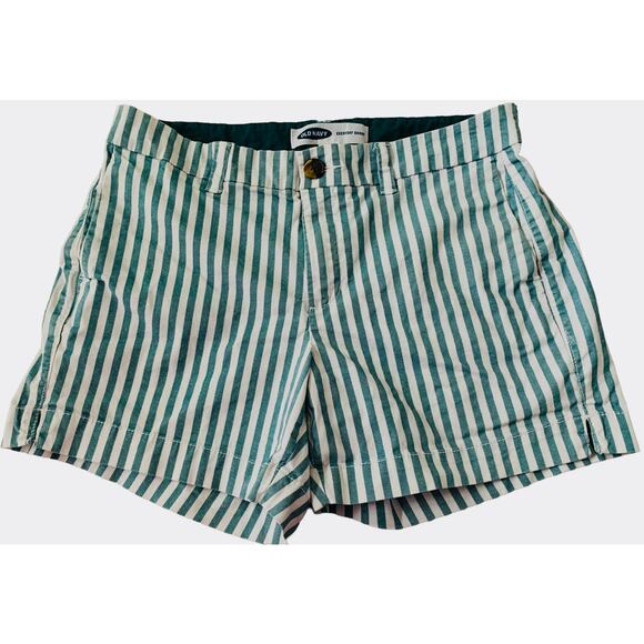 OLD NAVY EVERYDAY SHORT, WOMENS, 4, GREEN & WHITE VERTICAL STRIPES, MID-RISE - Picture 1 of 10
